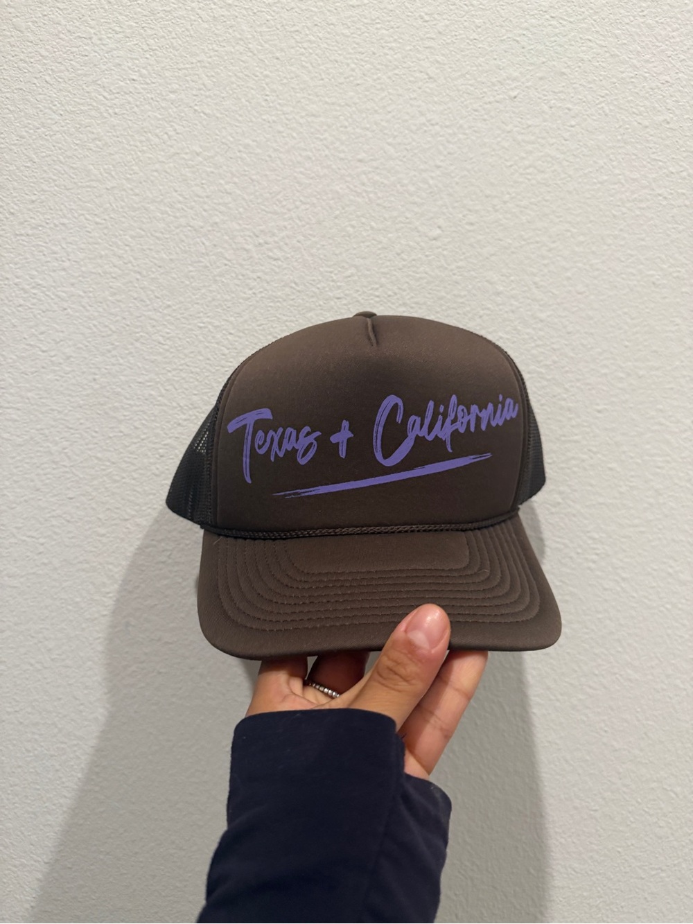 Ascot + Hart Brown Trucker Hat with Purple "Texas + California" Script